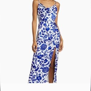 Milly White Maxi Dress with Blue Floral Print and Side Slit